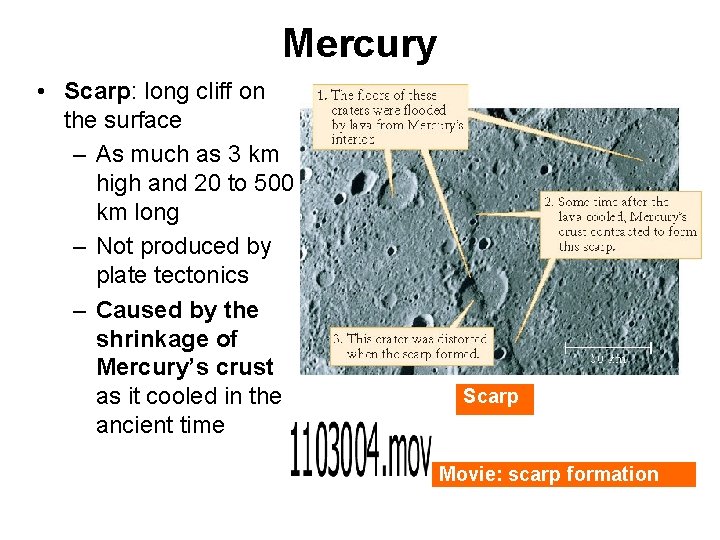 Mercury • Scarp: long cliff on the surface – As much as 3 km