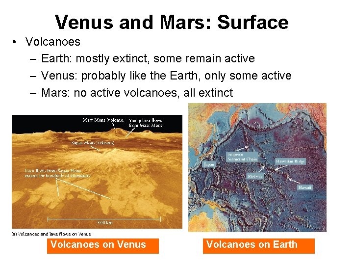 Venus and Mars: Surface • Volcanoes – Earth: mostly extinct, some remain active –