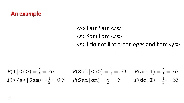 An example <s> I am Sam </s> <s> Sam I am </s> <s> I