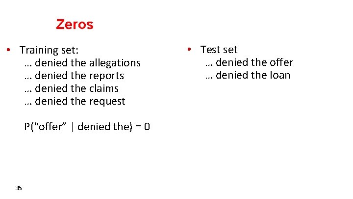 Zeros • Training set: … denied the allegations … denied the reports … denied