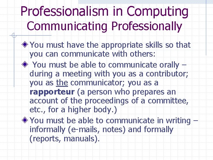 Professionalism in Computing Communicating Professionally You must have the appropriate skills so that you