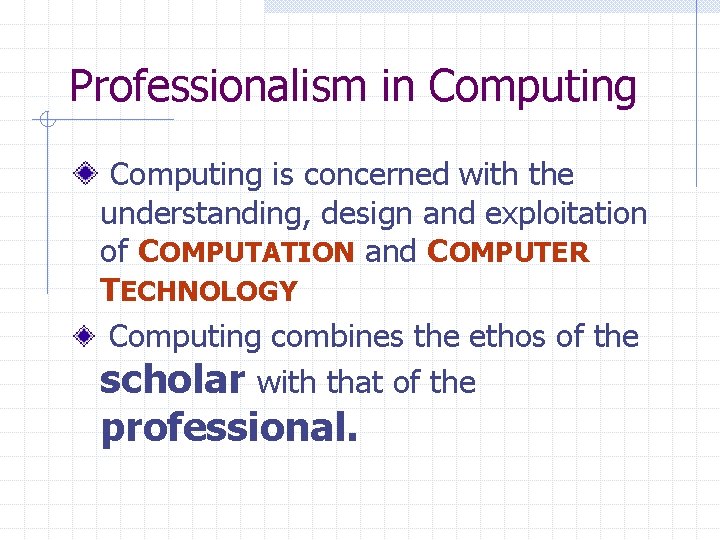 Professionalism in Computing is concerned with the understanding, design and exploitation of COMPUTATION and