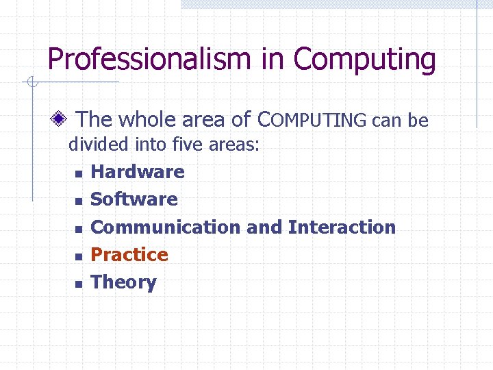 Professionalism in Computing The whole area of COMPUTING can be divided into five areas: