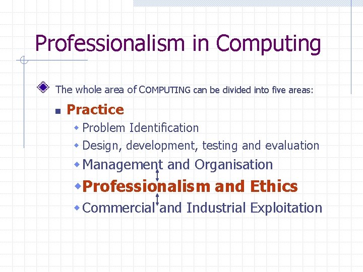 Professionalism in Computing The whole area of COMPUTING can be divided into five areas: