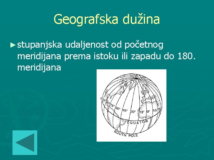 Geografska dužina ► stupanjska udaljenost od početnog meridijana prema istoku ili zapadu do 180.