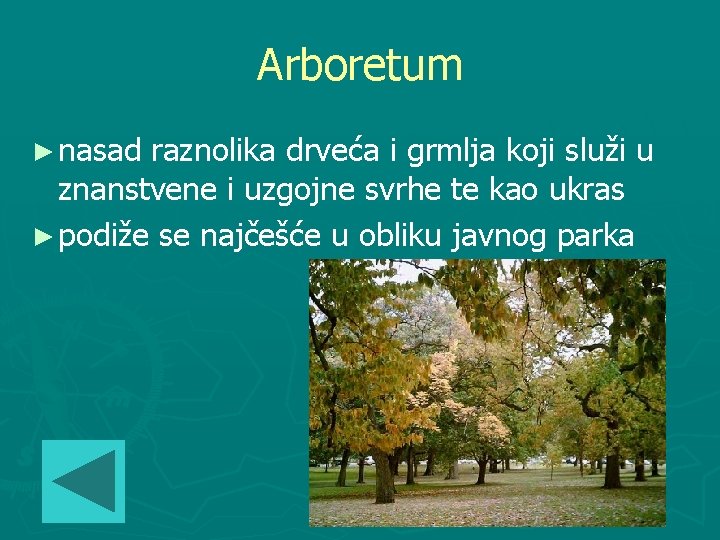 Arboretum ► nasad raznolika drveća i grmlja koji služi u znanstvene i uzgojne svrhe