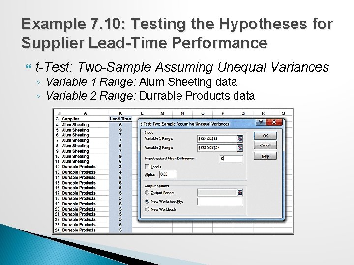 Example 7. 10: Testing the Hypotheses for Supplier Lead-Time Performance t-Test: Two-Sample Assuming Unequal