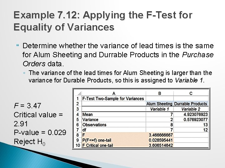 Example 7. 12: Applying the F-Test for Equality of Variances Determine whether the variance