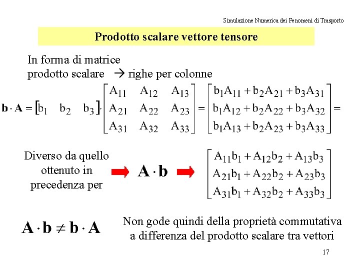 Simulazione Numerica dei Fenomeni di Trasporto Prodotto scalare vettore tensore In forma di matrice