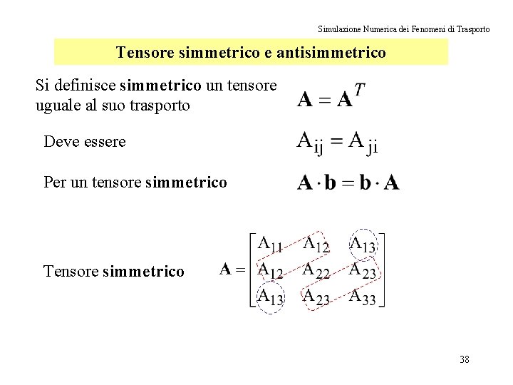 Simulazione Numerica dei Fenomeni di Trasporto Tensore simmetrico e antisimmetrico Si definisce simmetrico un