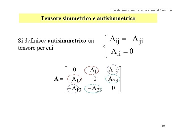 Simulazione Numerica dei Fenomeni di Trasporto Tensore simmetrico e antisimmetrico Si definisce antisimmetrico un