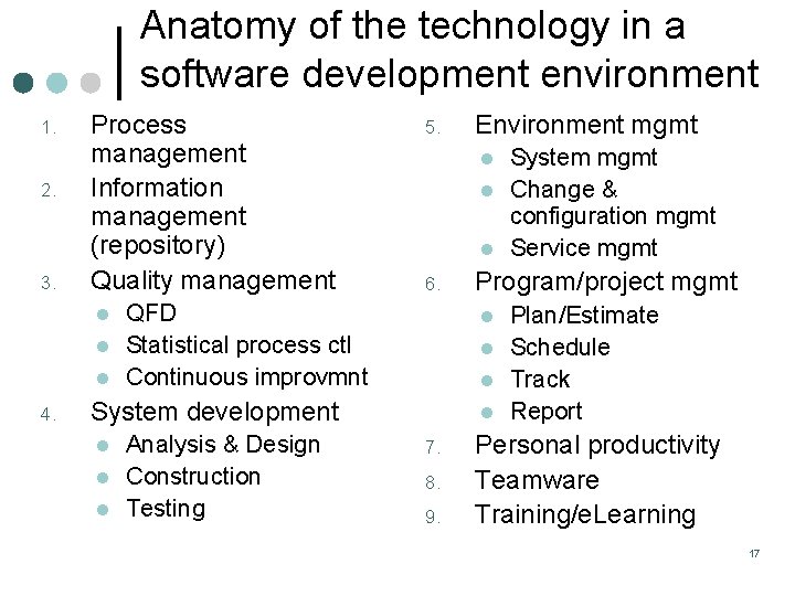 Anatomy of the technology in a software development environment 1. 2. 3. Process management
