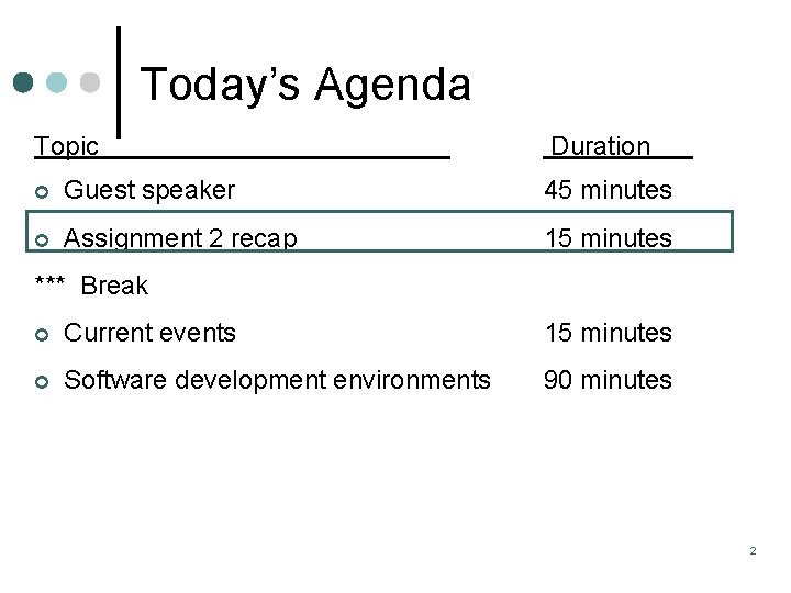 Today’s Agenda Topic Duration ¢ Guest speaker 45 minutes ¢ Assignment 2 recap 15