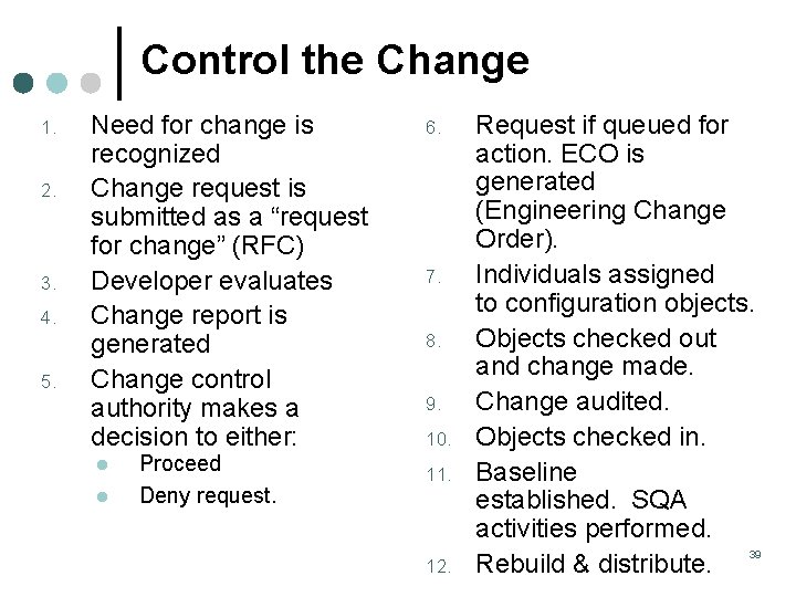 Control the Change 1. 2. 3. 4. 5. Need for change is recognized Change