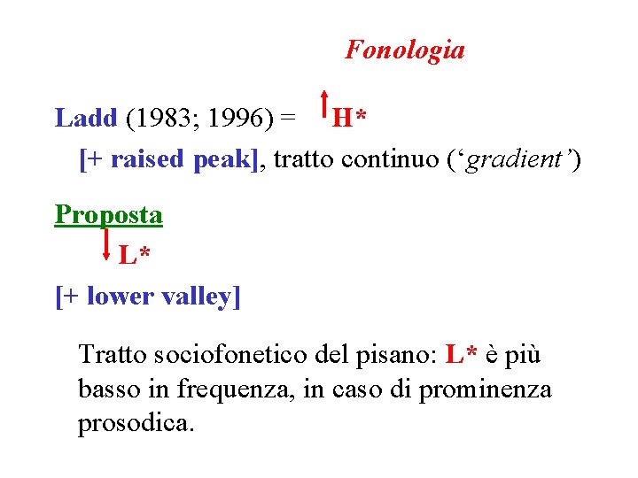 Fonologia Ladd (1983; 1996) = H* [+ raised peak], tratto continuo (‘gradient’) Proposta L*
