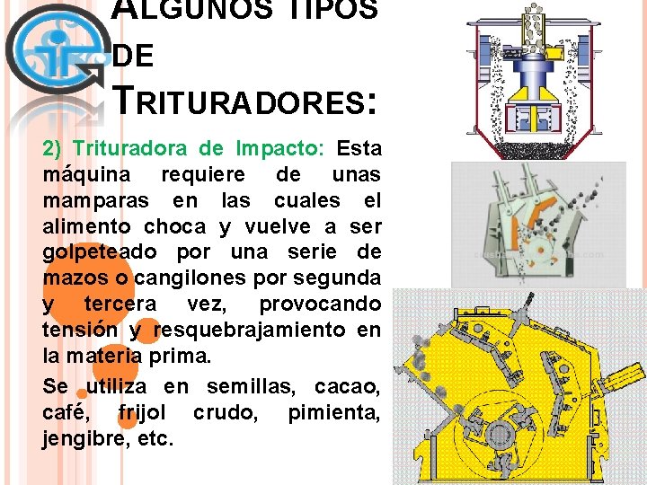 ALGUNOS TIPOS DE TRITURADORES: 2) Trituradora de Impacto: Esta máquina requiere de unas mamparas ALGUNOS TIPOS DE TRITURADORES: 2) Trituradora de Impacto: Esta máquina requiere de unas mamparas