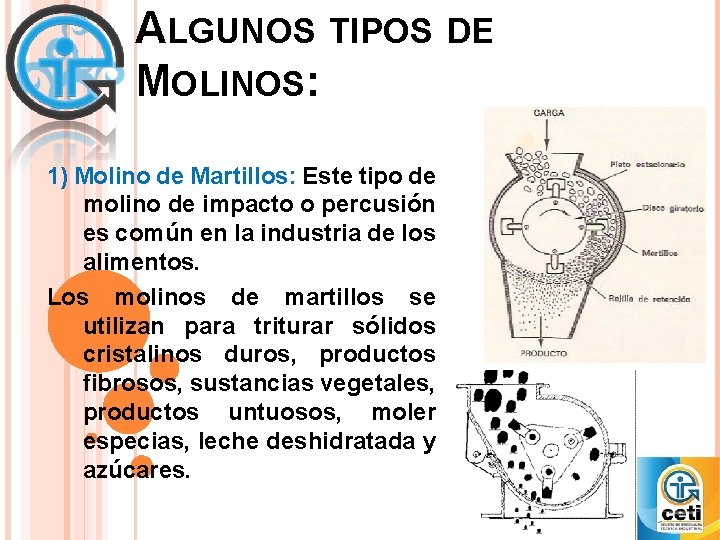 ALGUNOS TIPOS DE MOLINOS: 1) Molino de Martillos: Este tipo de molino de impacto ALGUNOS TIPOS DE MOLINOS: 1) Molino de Martillos: Este tipo de molino de impacto