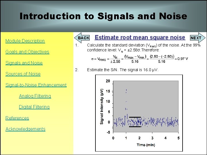 Introduction to Signals and Noise Module Description BACK Estimate root mean square noise 1. Introduction to Signals and Noise Module Description BACK Estimate root mean square noise 1.