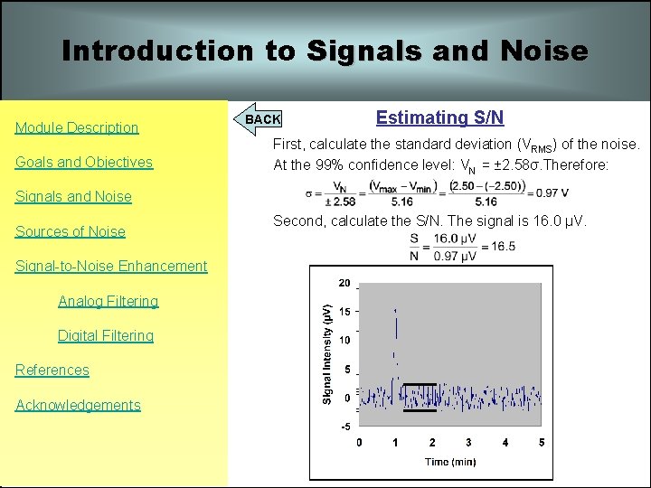 Introduction to Signals and Noise Module Description Goals and Objectives BACK Estimating S/N First, Introduction to Signals and Noise Module Description Goals and Objectives BACK Estimating S/N First,
