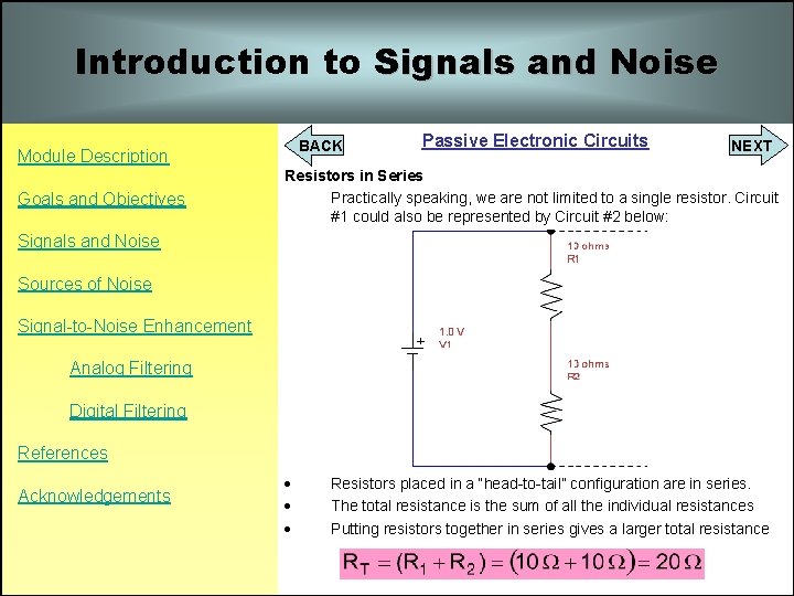 Introduction to Signals and Noise BACK Module Description Goals and Objectives Passive Electronic Circuits Introduction to Signals and Noise BACK Module Description Goals and Objectives Passive Electronic Circuits