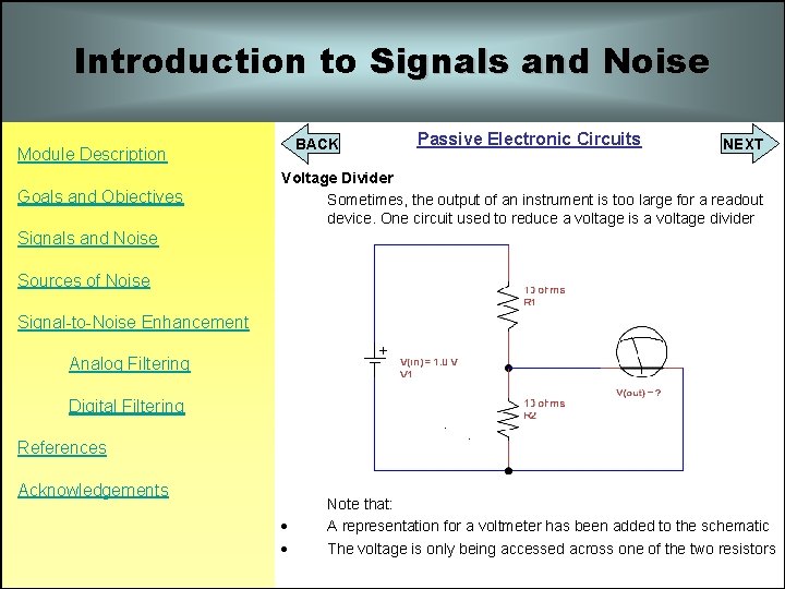 Introduction to Signals and Noise BACK Module Description Goals and Objectives Passive Electronic Circuits Introduction to Signals and Noise BACK Module Description Goals and Objectives Passive Electronic Circuits