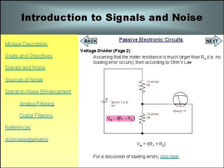Introduction to Signals and Noise Module Description Goals and Objectives BACK Passive Electronic Circuits Introduction to Signals and Noise Module Description Goals and Objectives BACK Passive Electronic Circuits