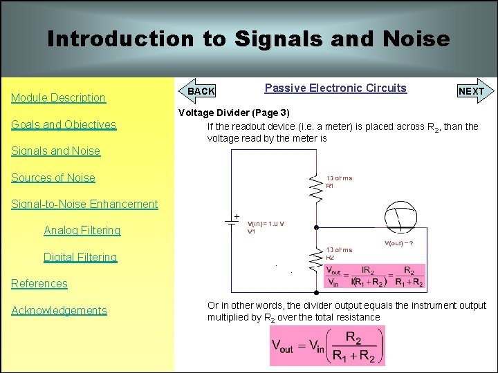 Introduction to Signals and Noise Module Description Goals and Objectives BACK Passive Electronic Circuits Introduction to Signals and Noise Module Description Goals and Objectives BACK Passive Electronic Circuits