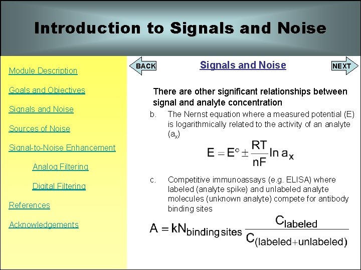 Introduction to Signals and Noise Module Description Goals and Objectives Signals and Noise BACK Introduction to Signals and Noise Module Description Goals and Objectives Signals and Noise BACK