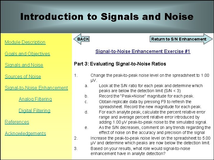 Introduction to Signals and Noise Module Description BACK Return to S/N Enhancement Signal-to-Noise Enhancement Introduction to Signals and Noise Module Description BACK Return to S/N Enhancement Signal-to-Noise Enhancement
