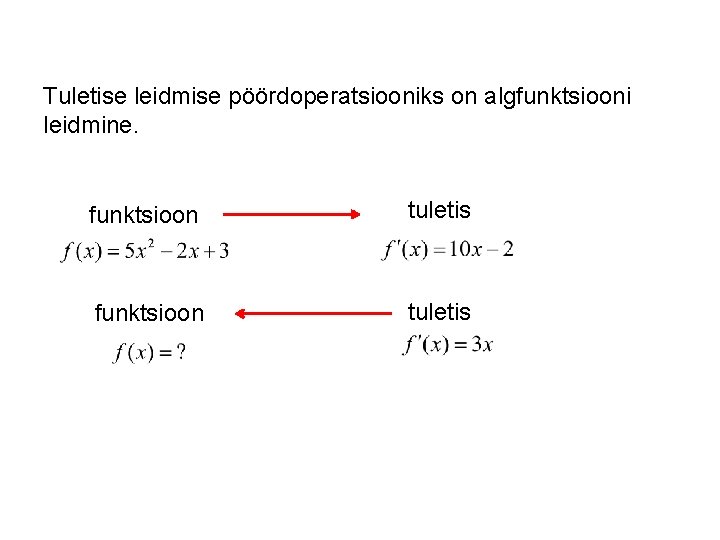 Tuletise leidmise pöördoperatsiooniks on algfunktsiooni leidmine. funktsioon tuletis 