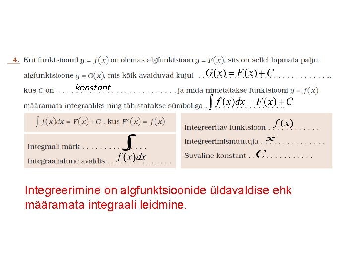 konstant Integreerimine on algfunktsioonide üldavaldise ehk määramata integraali leidmine. 