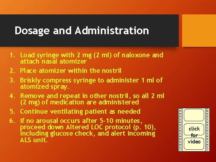 Dosage and Administration 1. Load syringe with 2 mg (2 ml) of naloxone and