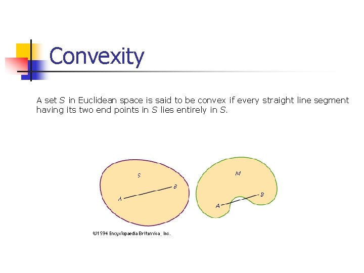 Convexity A set S in Euclidean space is said to be convex if every