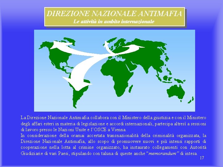 DIREZIONE NAZIONALE ANTIMAFIA Le attività in ambito internazionale La Direzione Nazionale Antimafia collabora con