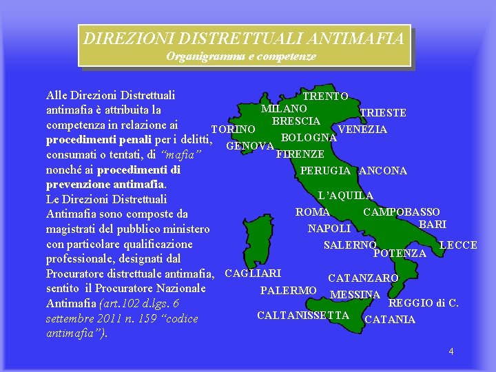 DIREZIONI DISTRETTUALI ANTIMAFIA Organigramma e competenze Alle Direzioni Distrettuali TRENTO MILANO antimafia è attribuita