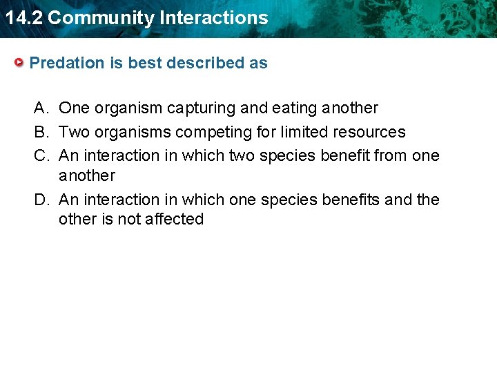 14. 2 Community Interactions Predation is best described as A. One organism capturing and