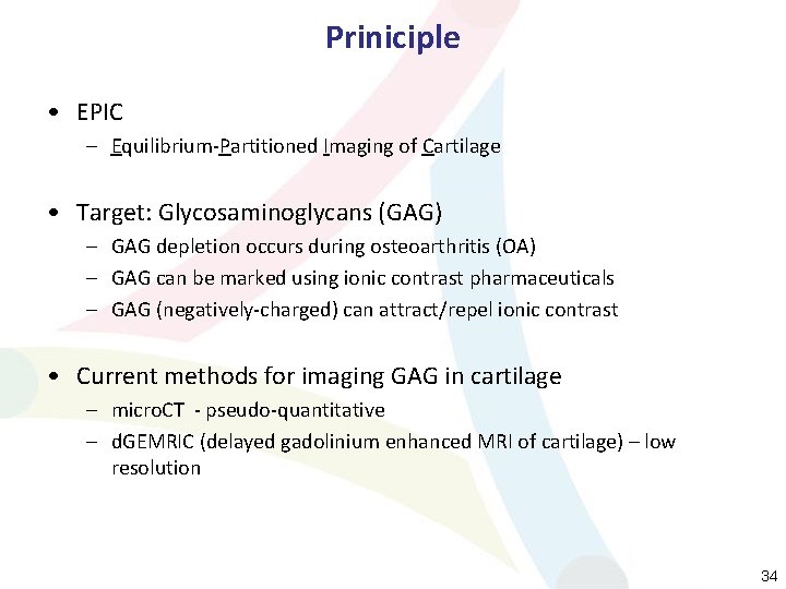 Priniciple • EPIC – Equilibrium-Partitioned Imaging of Cartilage • Target: Glycosaminoglycans (GAG) – GAG