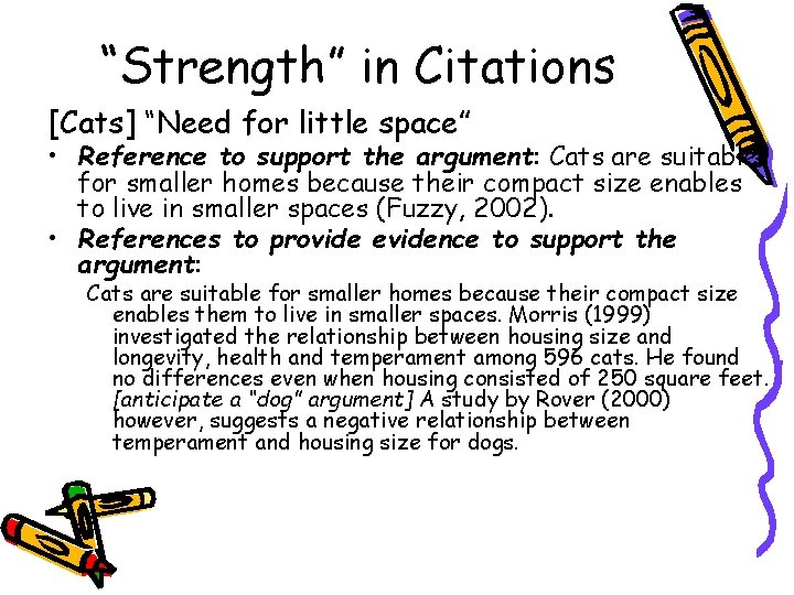 “Strength” in Citations [Cats] “Need for little space” • Reference to support the argument: