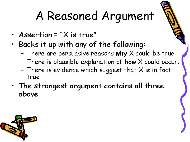 A Reasoned Argument • Assertion = “X is true” • Backs it up with