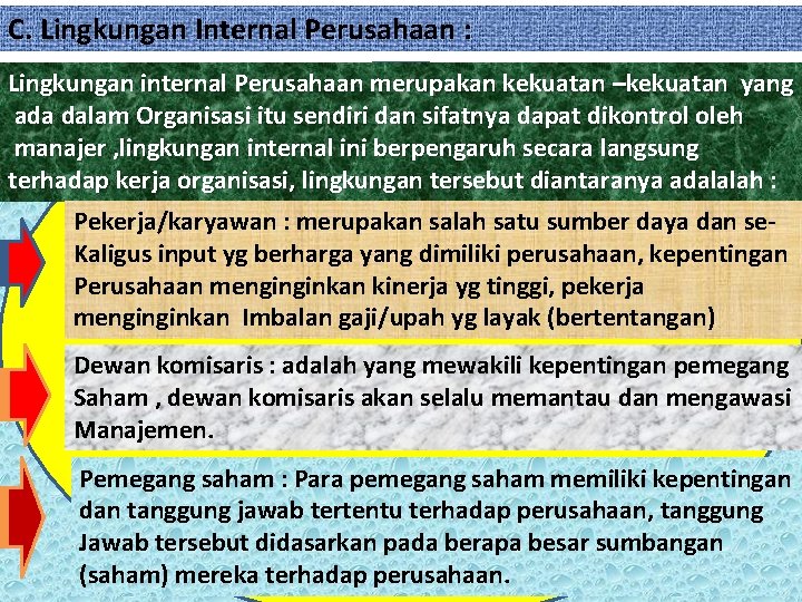 C. Lingkungan Internal Perusahaan : Lingkungan internal Perusahaan merupakan kekuatan –kekuatan yang ada dalam