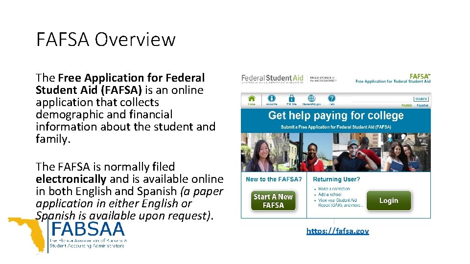 FAFSA Overview The Free Application for Federal Student Aid (FAFSA) is an online application