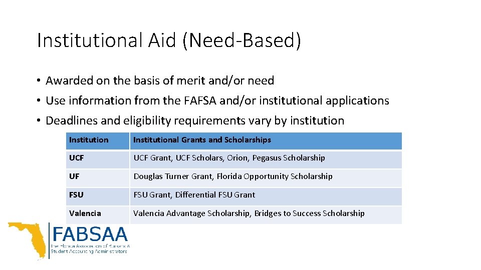 Institutional Aid (Need-Based) • Awarded on the basis of merit and/or need • Use