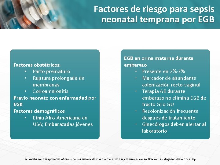 Factores de riesgo para sepsis neonatal temprana por EGB Factores obstétricos: • Parto prematuro