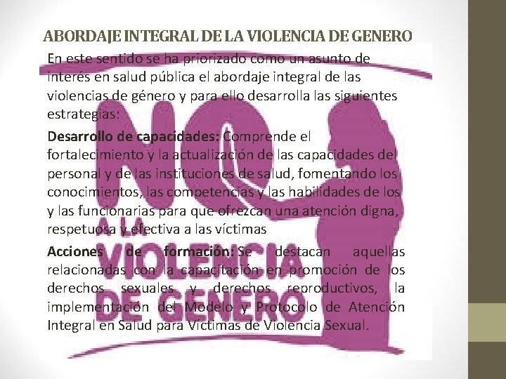 ABORDAJE INTEGRAL DE LA VIOLENCIA DE GENERO En este sentido se ha priorizado como