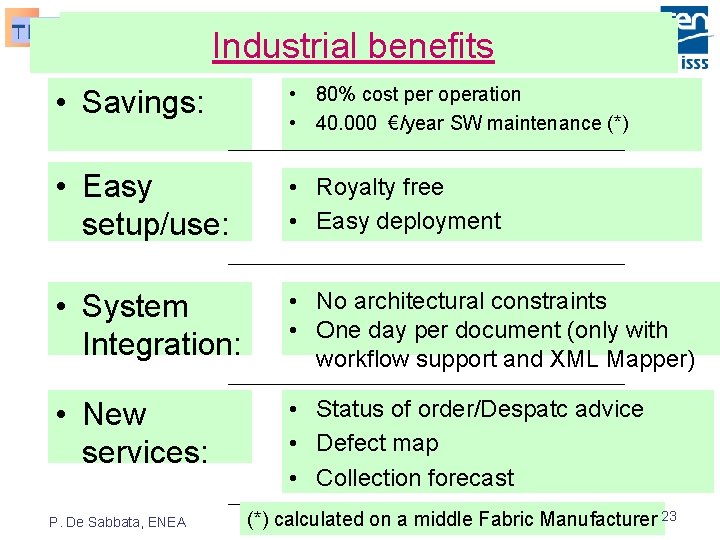 Industrial benefits • Savings: • 80% cost per operation • 40. 000 €/year SW