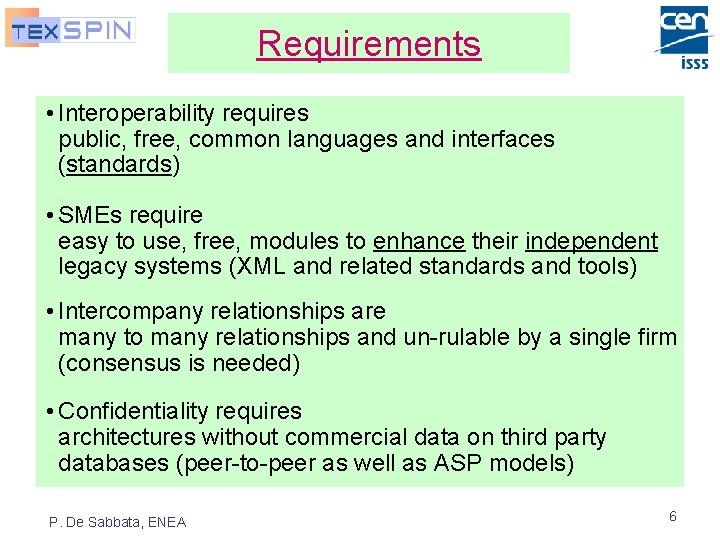 Requirements • Interoperability requires public, free, common languages and interfaces (standards) • SMEs require