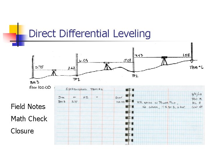 Direct Differential Leveling Field Notes Math Check Closure 