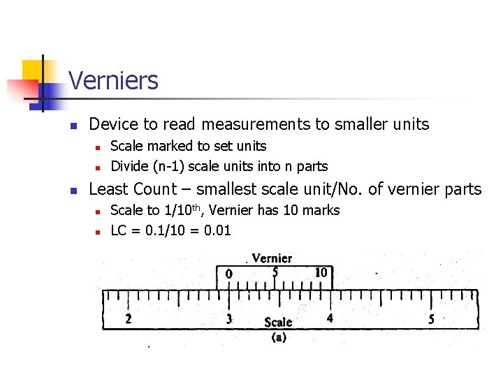 Verniers n Device to read measurements to smaller units n n n Scale marked