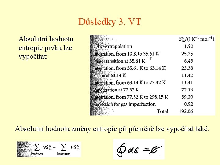 Důsledky 3. VT Absolutní hodnotu entropie prvku lze vypočítat: Absolutní hodnotu změny entropie při