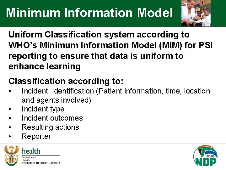 Minimum Information Model Uniform Classification system according to WHO’s Minimum Information Model (MIM) for